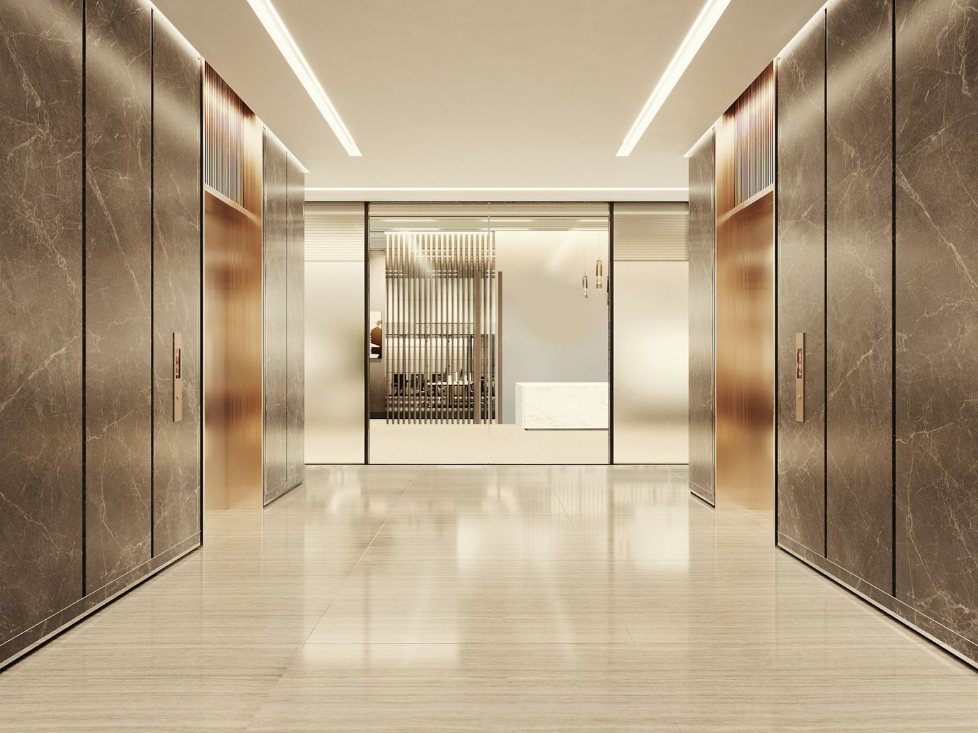 Modern lift lobby with marble walls and steel doors