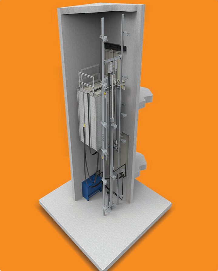 Hydraulic lift in its shaft