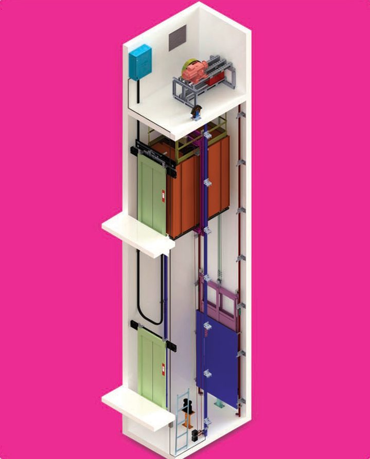 Cutaway of a traction lift shaft
